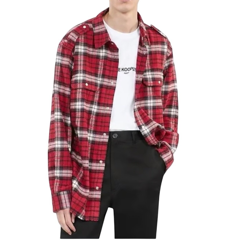 The Kooples Men Red Checked Classic Wide Fit‎ Button Down Shirt Size FR M